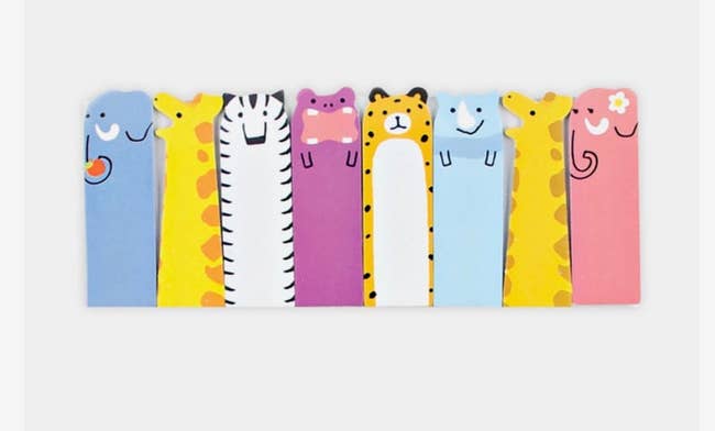 the tabs shaped like elephants, giraffes, zebras, hippos, cheetahs, and rhinos