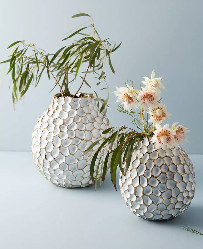 Two white and gold honeycomb patterned vases with white flowers inside 