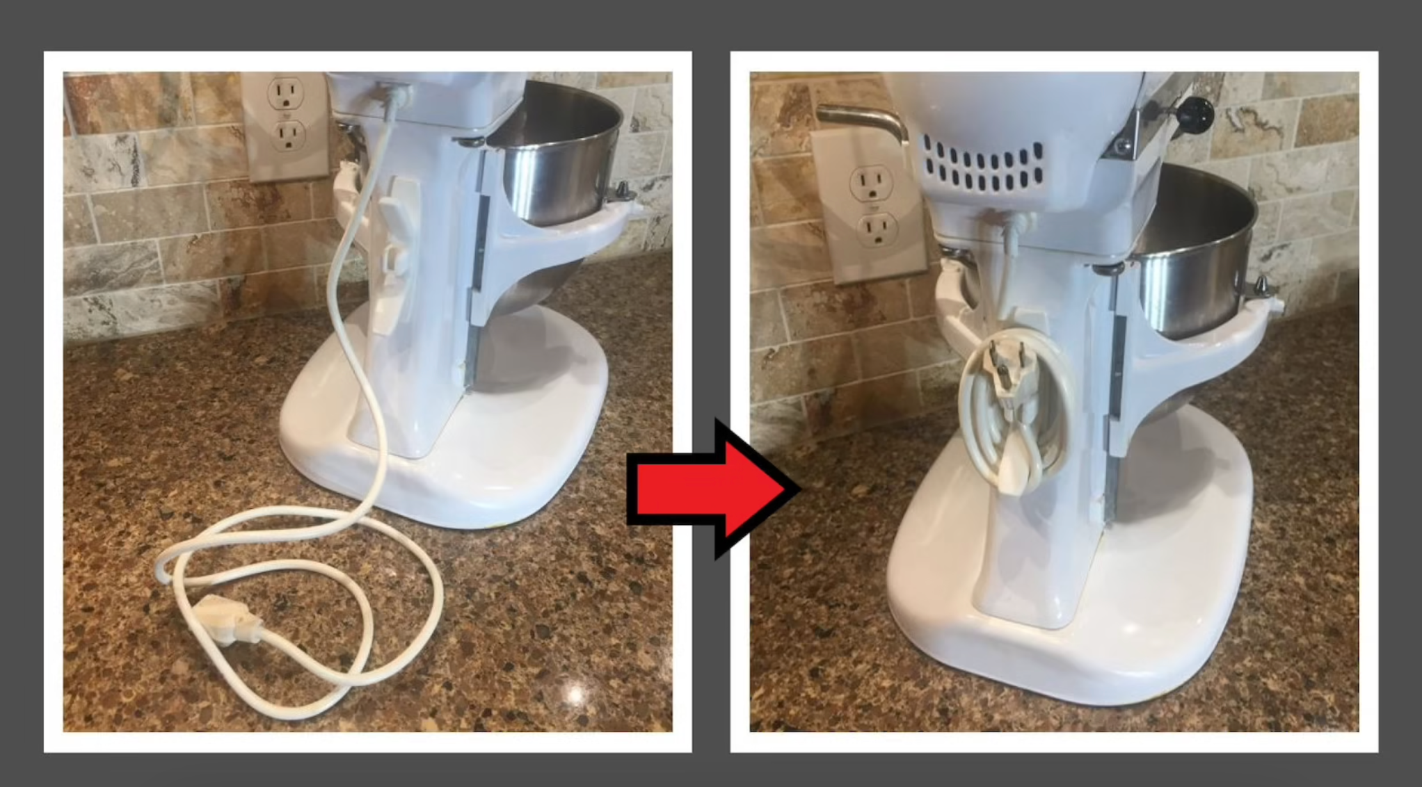 stand mixer with cord and then the same stand mixer with cord coiled up neatly