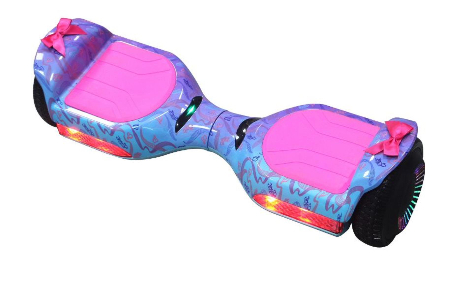 Pink, purple, and blue patterned hoverboard with pink bows on the side