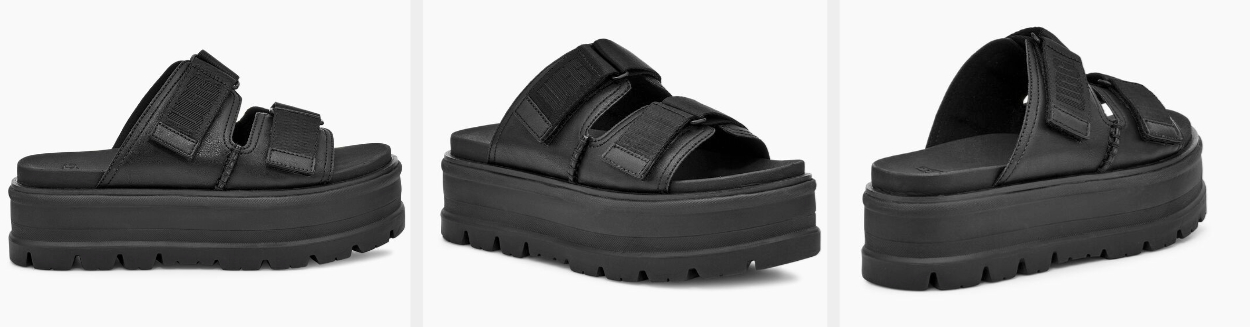 Three images of black Ugg sandals