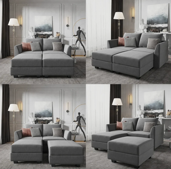 collage of all the configurations of the gray modular sofa