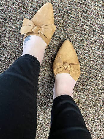 reviewer wearing the shoes in tan
