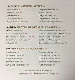 Reviewer photo of the table of contents showing various flavored lattes, frappes, iced & milkshake drinks, and coffee cocktails with prices