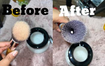 reviewers makeup brush before and after cleaning it with the electric cleaner