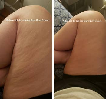 Before and after images of a person's thigh using Sol de Janeiro Bum Bum Cream