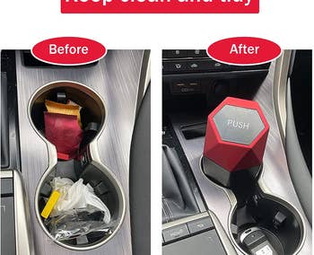 before and after of a cupholder full of trash vs. with the small trash can