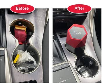 before and after of a cupholder full of trash vs. with the small trash can