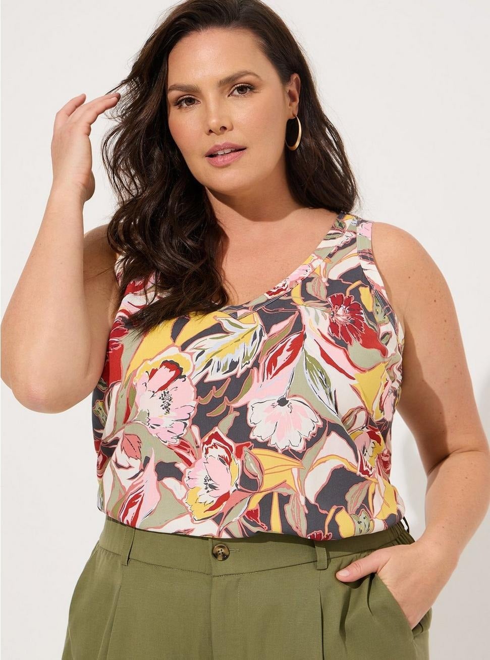 model wearing the floral tank top
