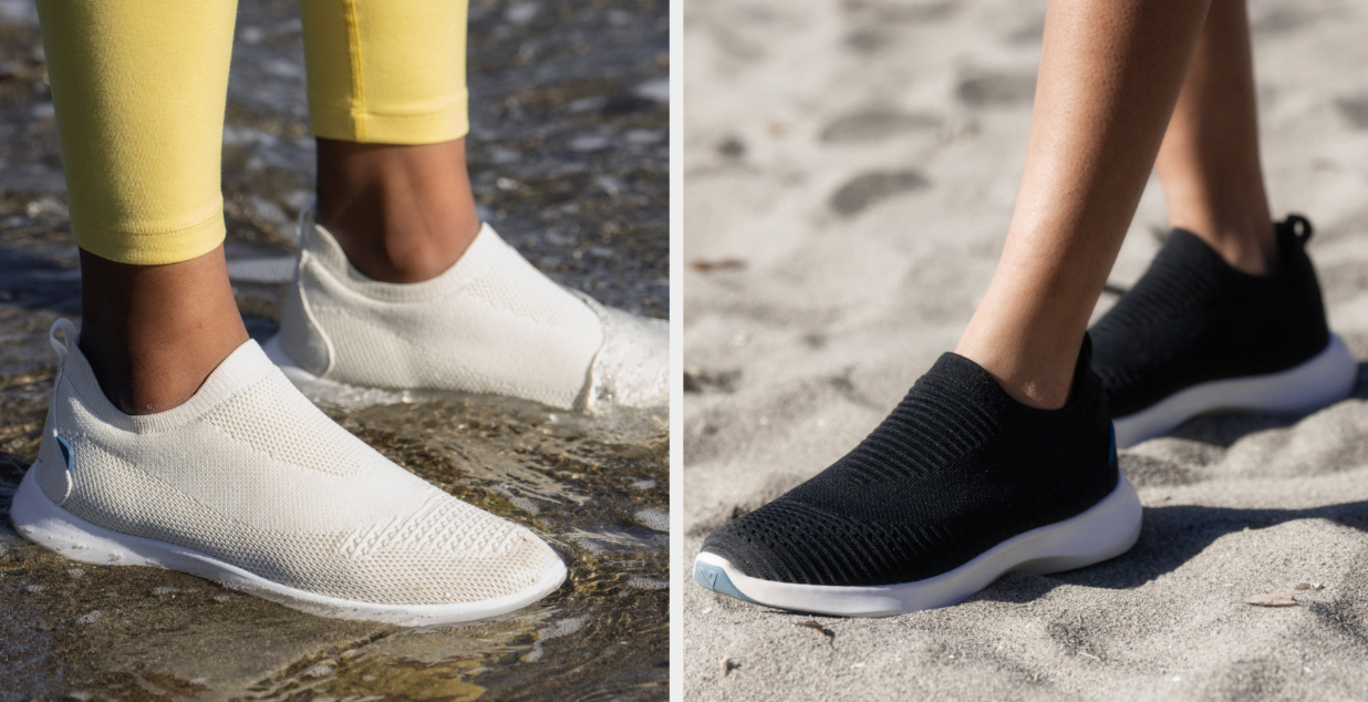 Two images of models wearing ivory and black sneakers in the water and sand