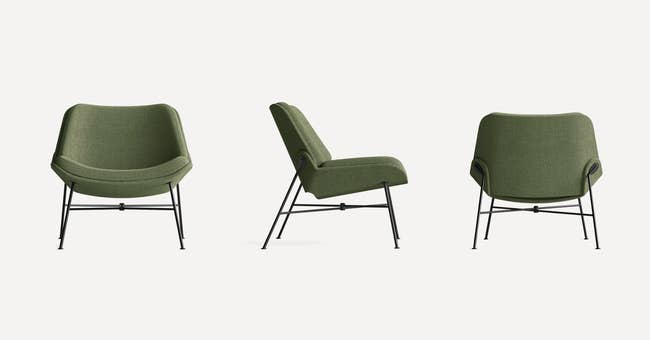 Front, side, and back view of green fabric lounge chair with black metal legs and a curved seat on a white background