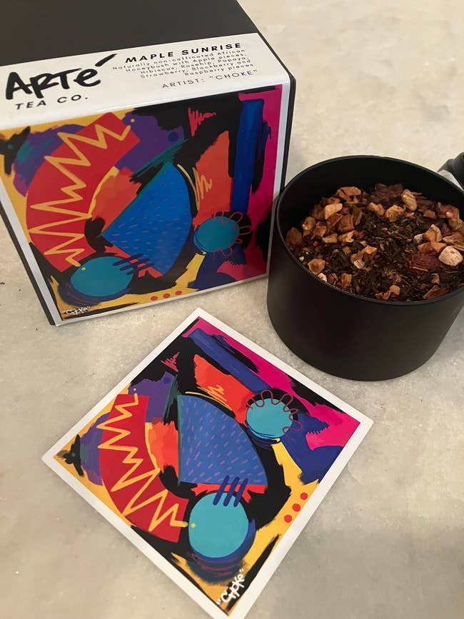 the tea with the brightly colored art on the box