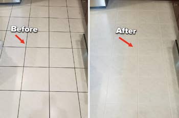 Reviewer before and after image of floor with grout and without