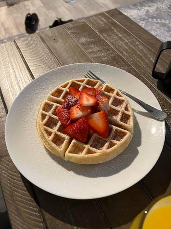 reviewers waffle with strawberries on top