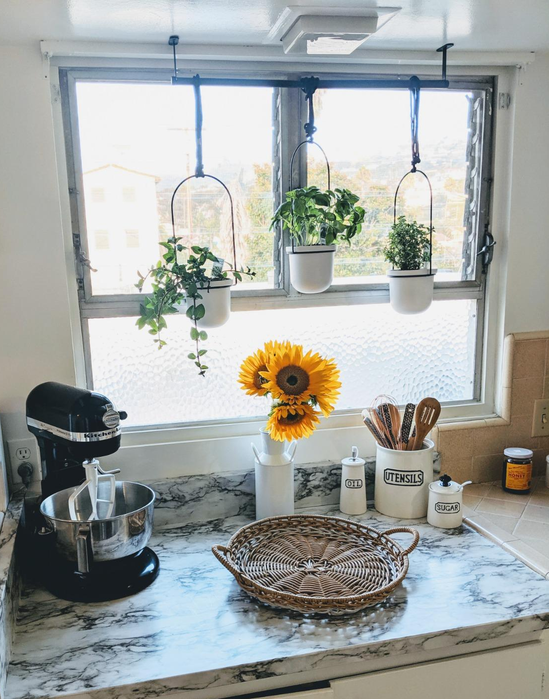 kitchen window with the three planters hanging from a rod that stretches across the width of the window