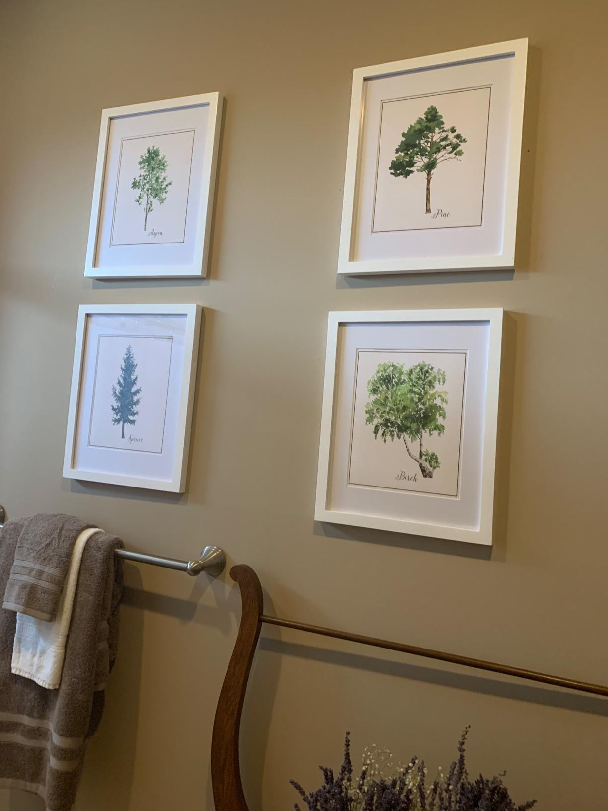 four tree art prints on reviewer’s wall