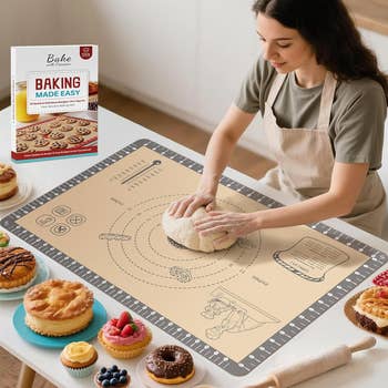 model kneads dough on a baking mat with measuring guides