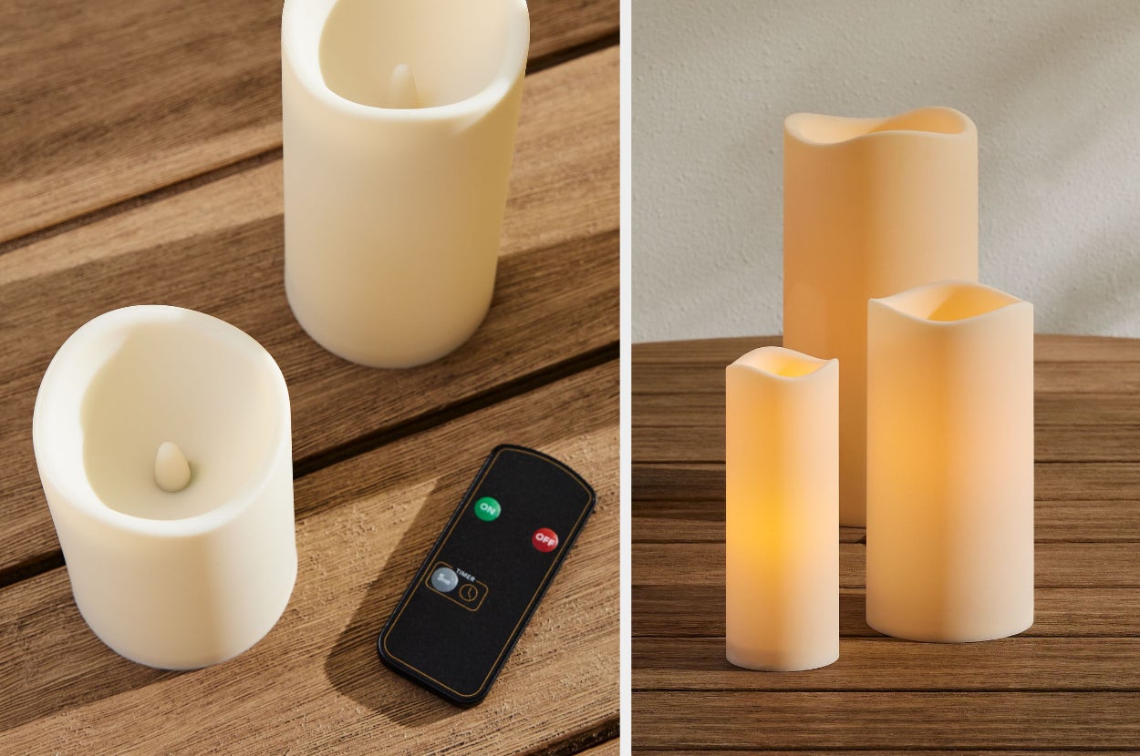 Two white wavy topped flameless candles on wooden table next to black small remote, products on top of wooden table turned on
