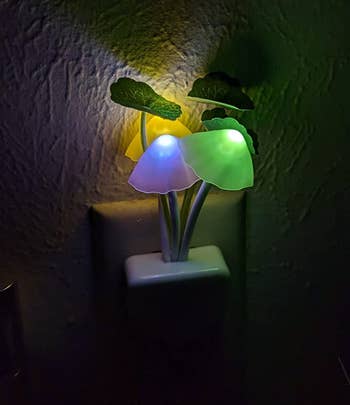 reviewer's mushroom nightlight lit up in the dark