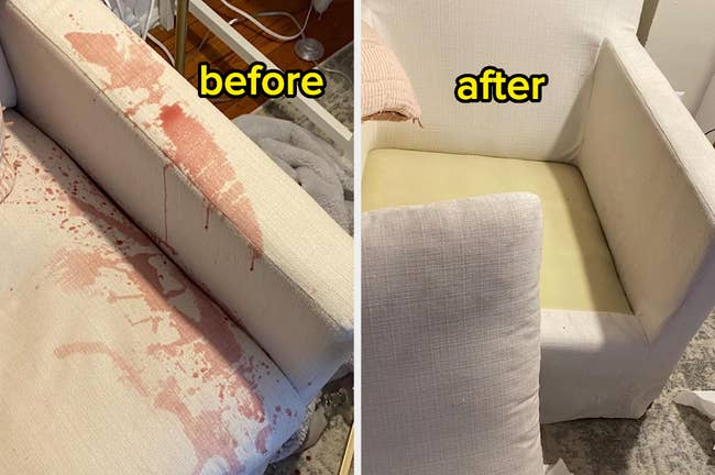 Reviewer's white couch with red wine spilled on the arm and cushion labeled before, and after with the couch looking completely white and stain-free labeled after
