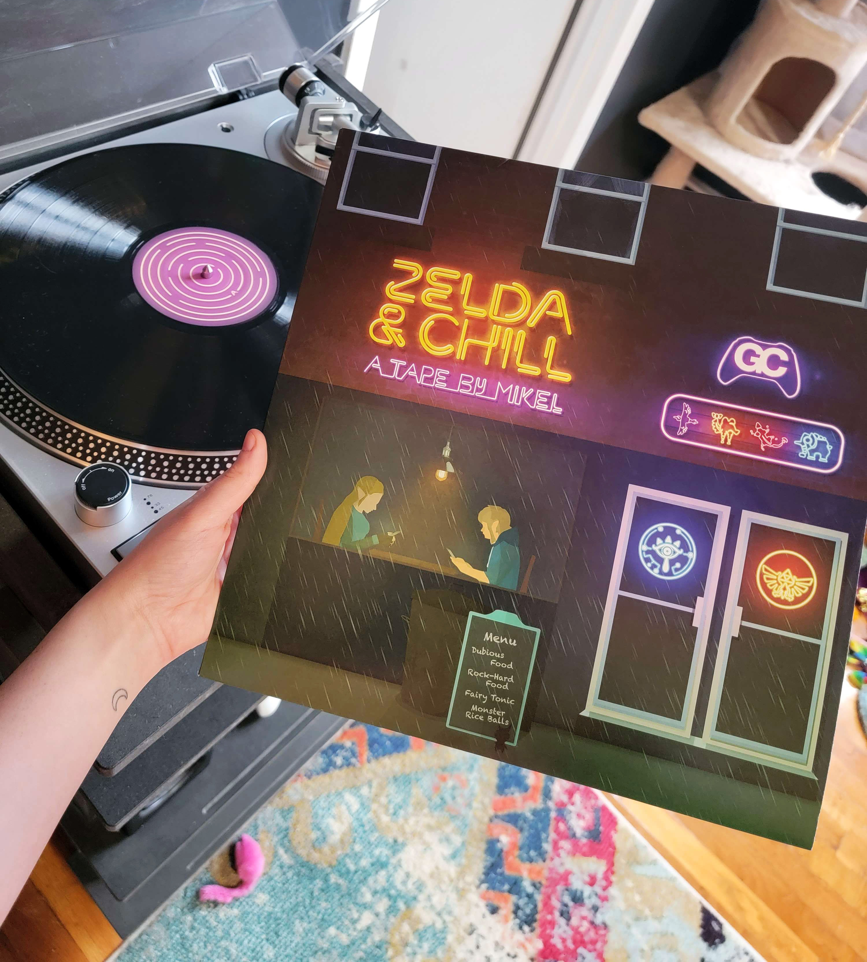 the zelda and chill vinyl art and the record sitting on a nearby record player