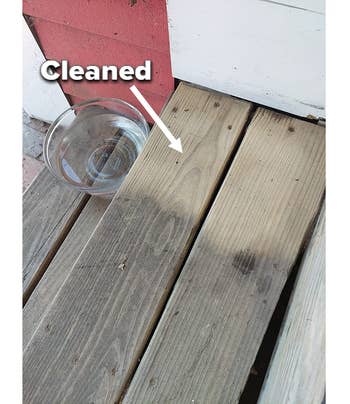reviewer photo of a clean section of their deck next to an unbrushed section of their deck