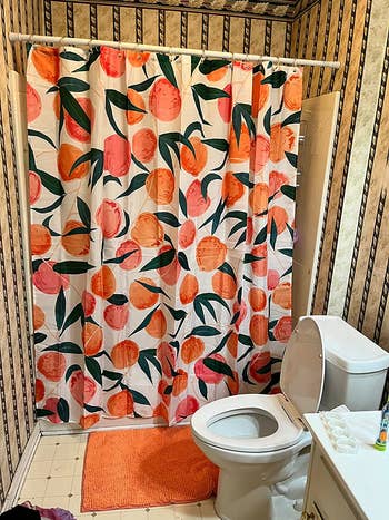 The shower curtain in a bathroom