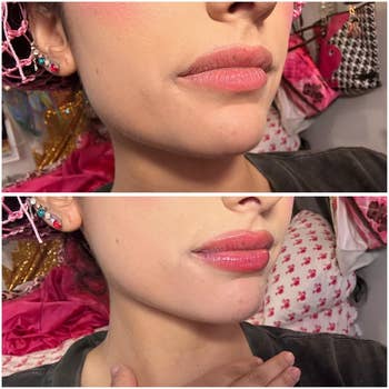 Close-up of a person's lips earlier  and aft  applying articulator  gloss, showcasing the gloss's effect. Bedroom mounting  disposable   successful  background