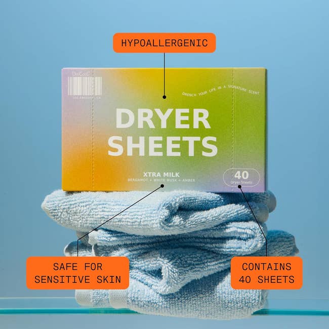 Box of hypoallergenic dryer sheets connected bluish towels