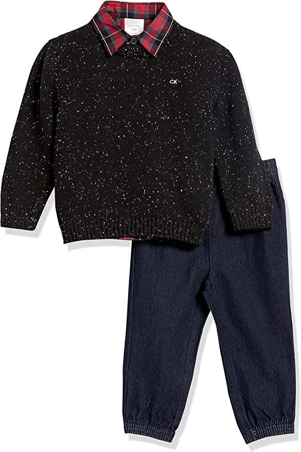 a three piece set including a sweater, button down shirt, and pants