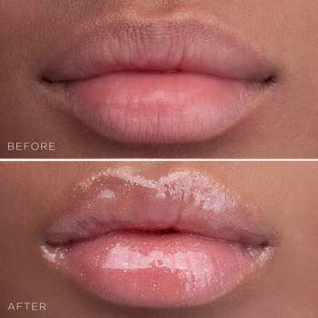 before and after of a model's lips looking plump and glossy after using the product