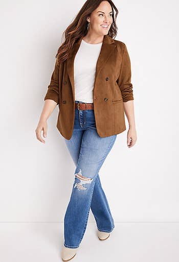 model wearing the brown faux suede blazer which is double breasted