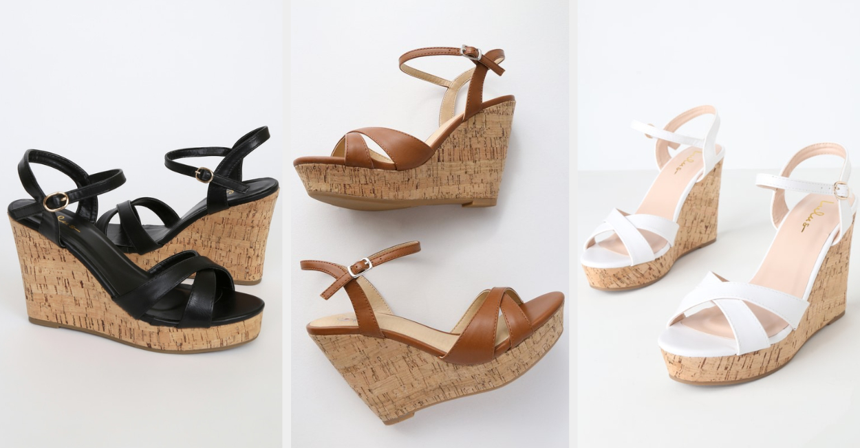 Three images of black, brown, and white wedge sandals