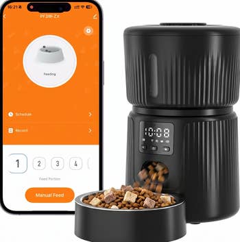Smart pet feeder with digital control screen and smartphone app, showing feeding schedule and portion control features