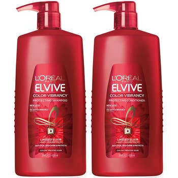 red bottles of L'Oreal Elive Color Vibrancy Shampoo and Conditioner