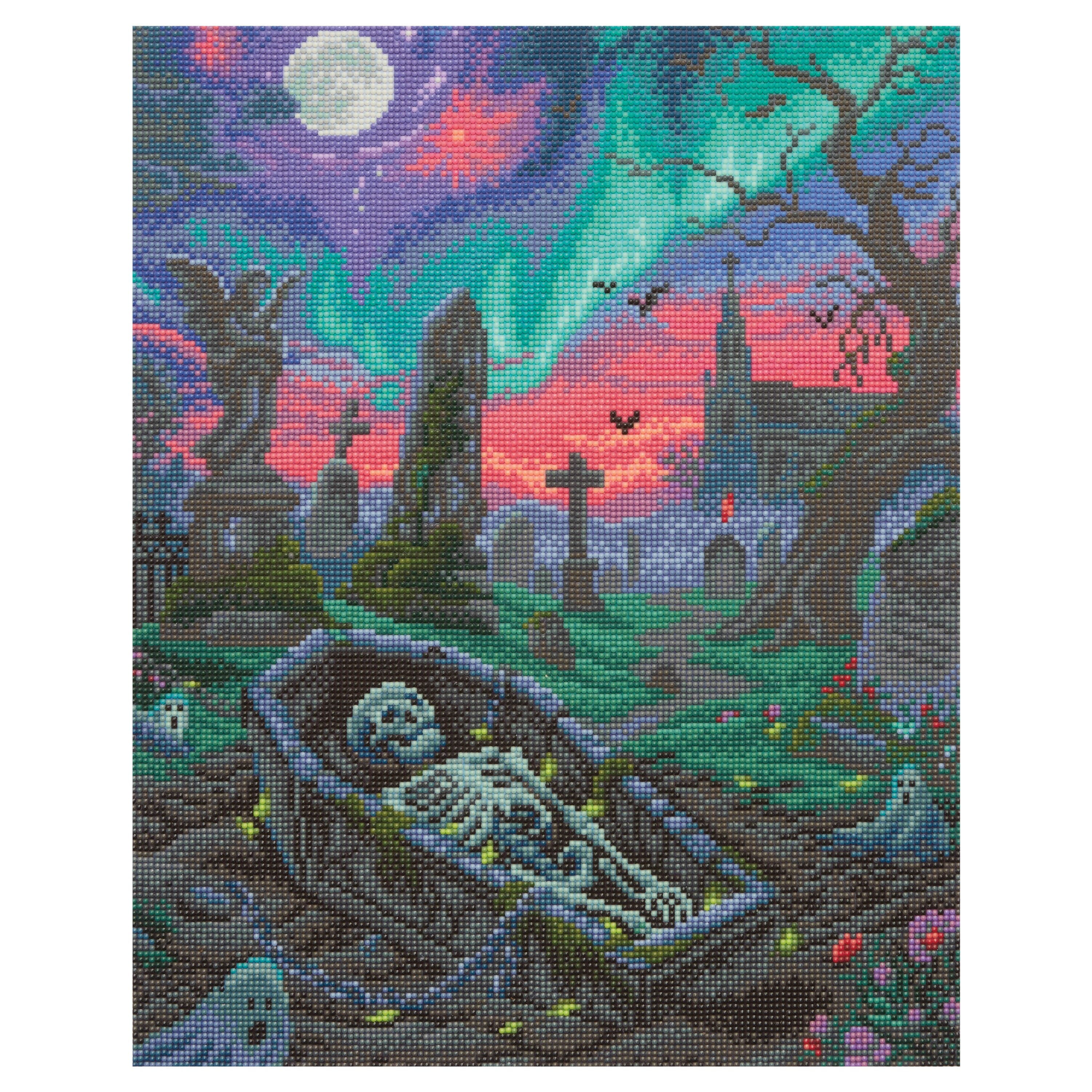 A colorful coating  depicts a skeleton successful  a coffin amidst tombstones nether  a vibrant aurora, with a spooky, mystical atmosphere