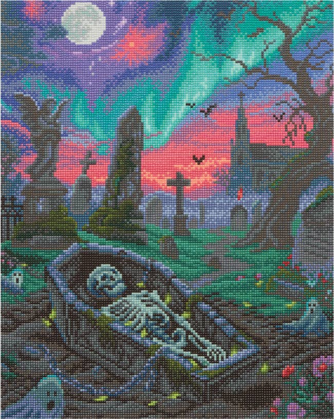 A colorful coating depicts a skeleton successful a coffin amidst tombstones nether a vibrant aurora, with a spooky, mystical atmosphere