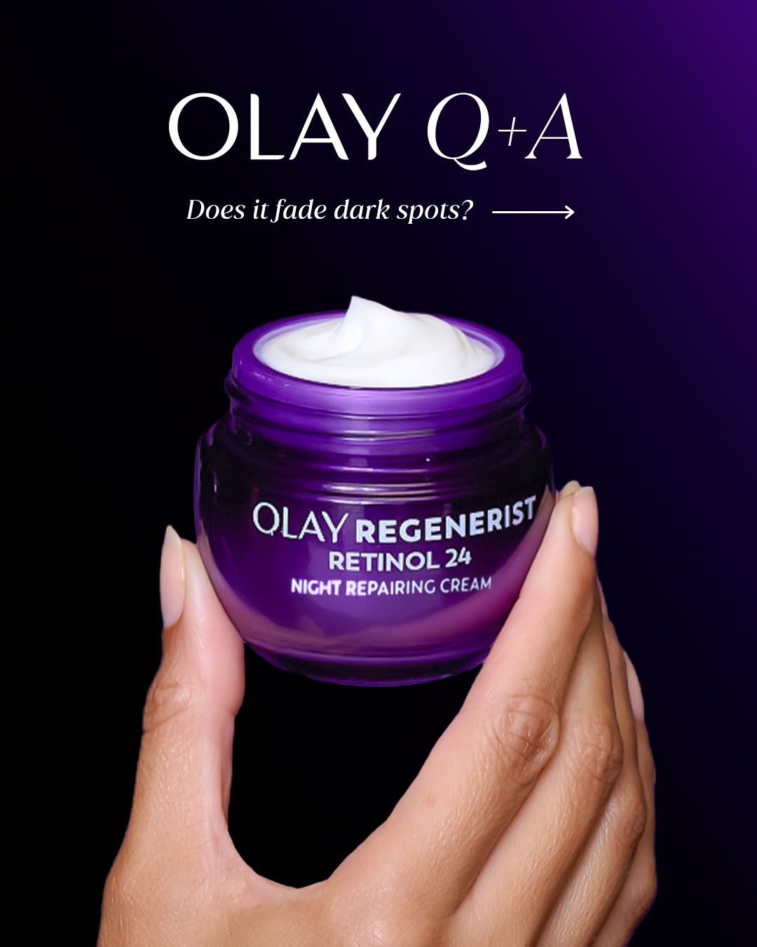 Hand holding a jar of Olay Regenerist Retinol 24 Night Repairing Cream with substance   asking if it fades acheronian  spots