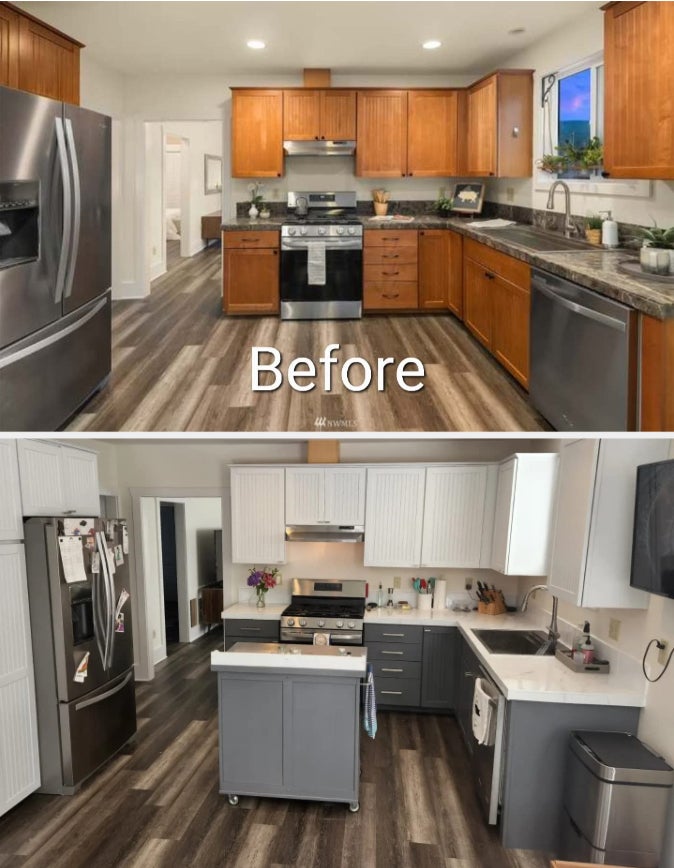 reviewers kitchen before, with wood cabinets; and after, with white cabinets on top and grey cabinets on bottom