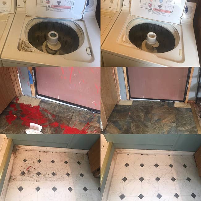 Collage of reviewer's floors and washing machine before using drill brush attachment to clean them