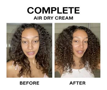 model with curling hair shown before and after air drying hair with JVN cream