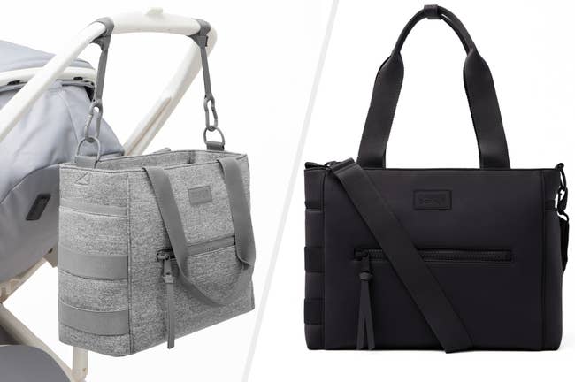 Two images of gray and black diaper totes
