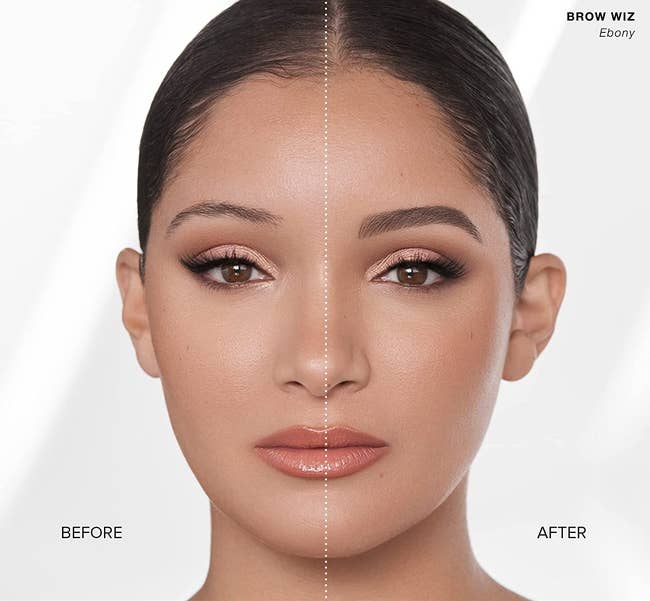 model showing a before and after of using the Anastasia brow wiz before and after