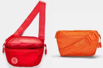 Front view of bright red fanny back with main pocket unzipped and strap laid above, back view of product in orange with adjustable clip