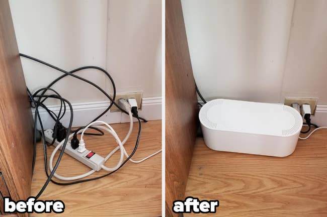 left: reviewer before photo of extension cord with messy cables / right: after photo of it neatly organize in a clean white cable box