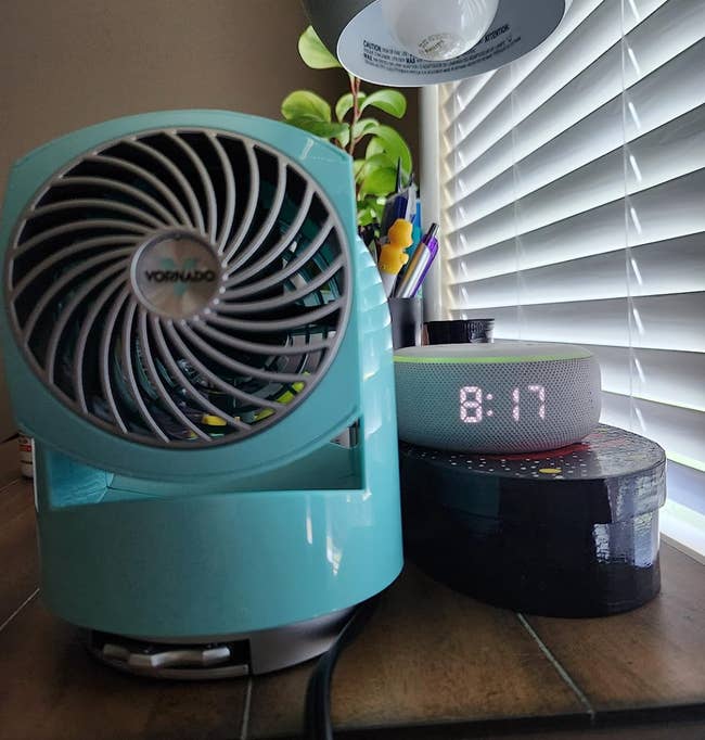 reviewer photo of the mini fan in blue
