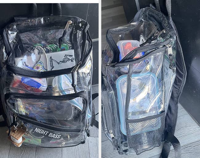 Two reviewer images of black clear backpack