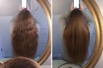 a reviewer's hair before wavy and frizzy and after smooth and straight