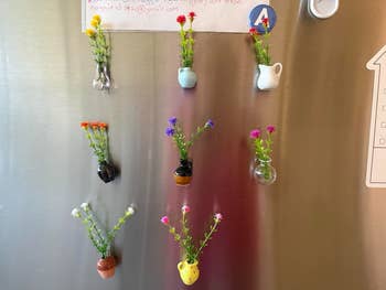 Small vases with flowers are magnetically attached to a metallic surface, arranged successful  a grid pattern