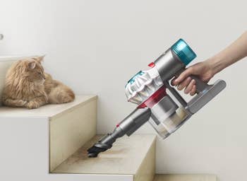 A idiosyncratic   uses a handheld vacuum cleaner to cleanable  stairs portion    a feline  watches